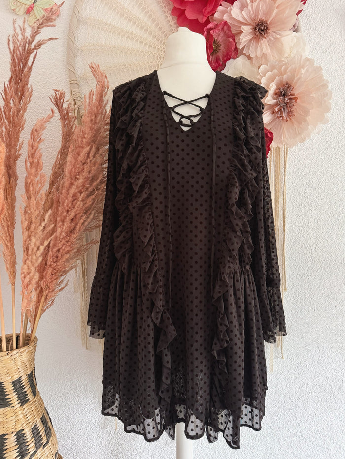 ROMANTISCHES CHIFFON-KLEID MIT PÜNKTCHEN UND RÜSCHEN - VERSCH. GRÖßEN -