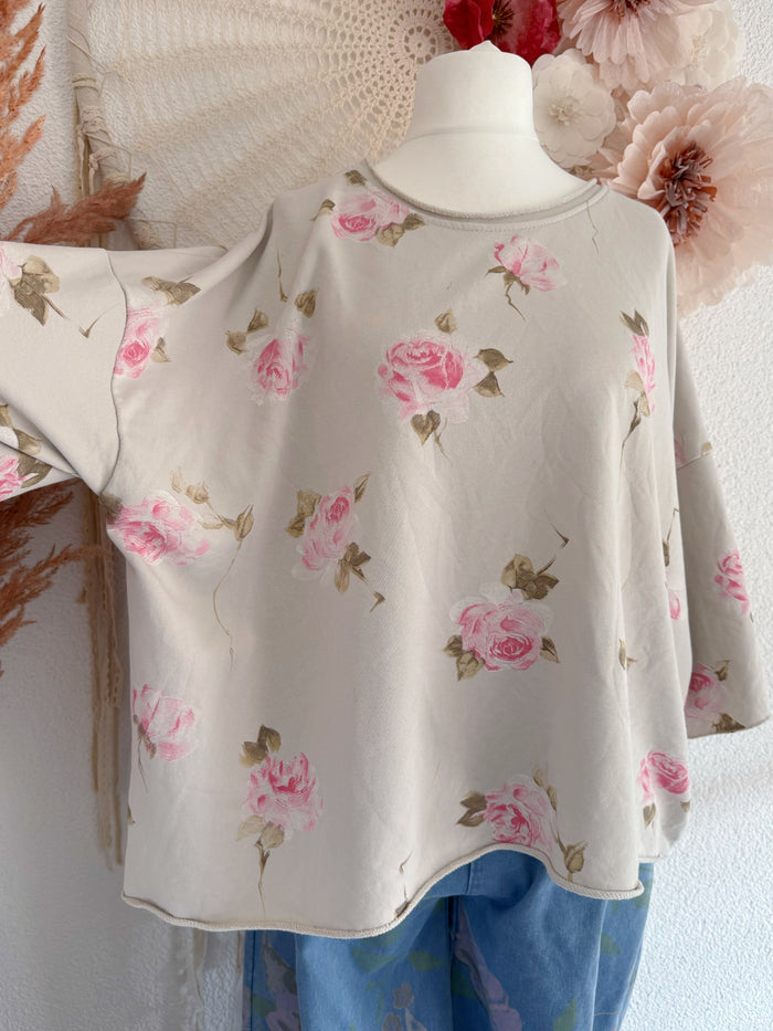 OVERSIZE SHIRT MIT ROSENPRINT IN BEIGE - ONE SIZE -