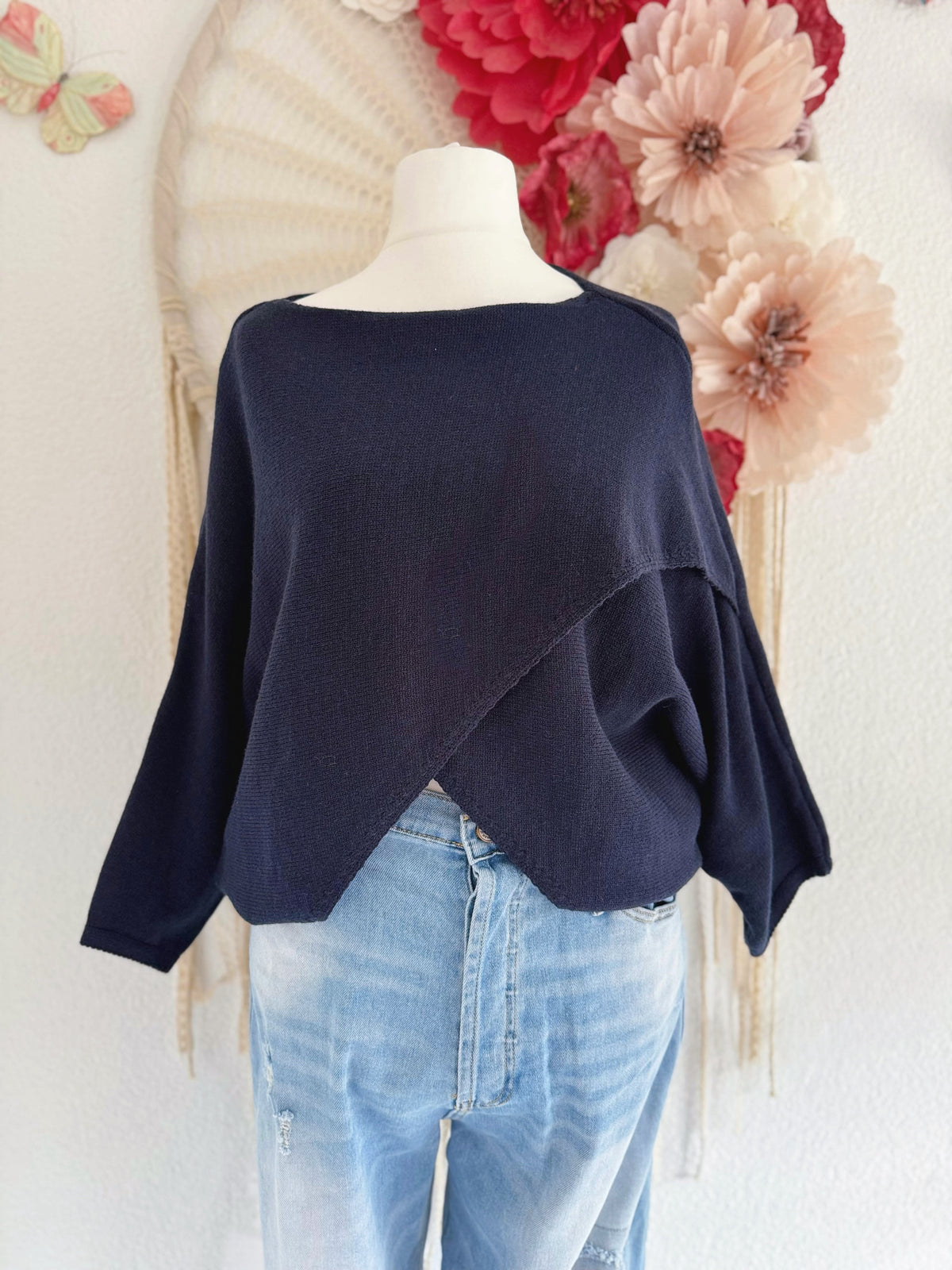 FEINSTRICKPULLOVER IN WICKELOPTIK IN DUNKELBLAU - ONE SIZE -