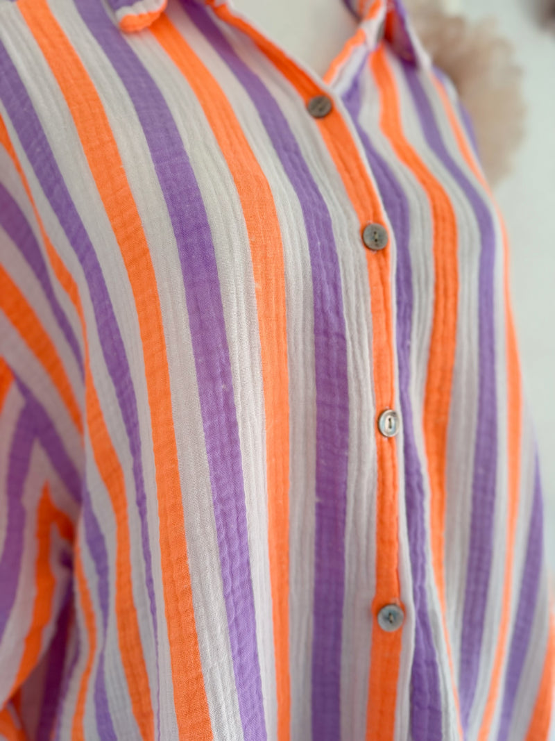 MUSSELINBLUSE MIT MIT STREIFEN IN LILA/ORANGE - ONE SIZE -