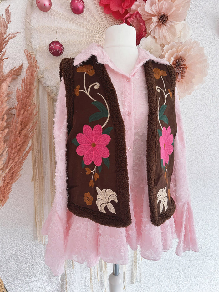 TEDDYWESTE MIT BLUMENSTICKEREIEN IN BRAUN - ONE SIZE -