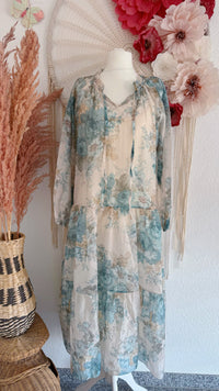 ROMANTISCHES BOHO-MAXIKLEID MIT BLUMENMUSTER IN AQUA