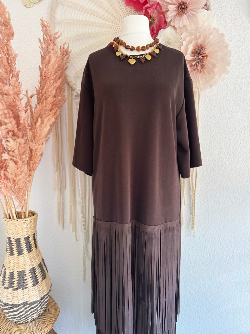 MAXIKLEID MIT FRANSEN IN BRAUN - ONE SIZE -