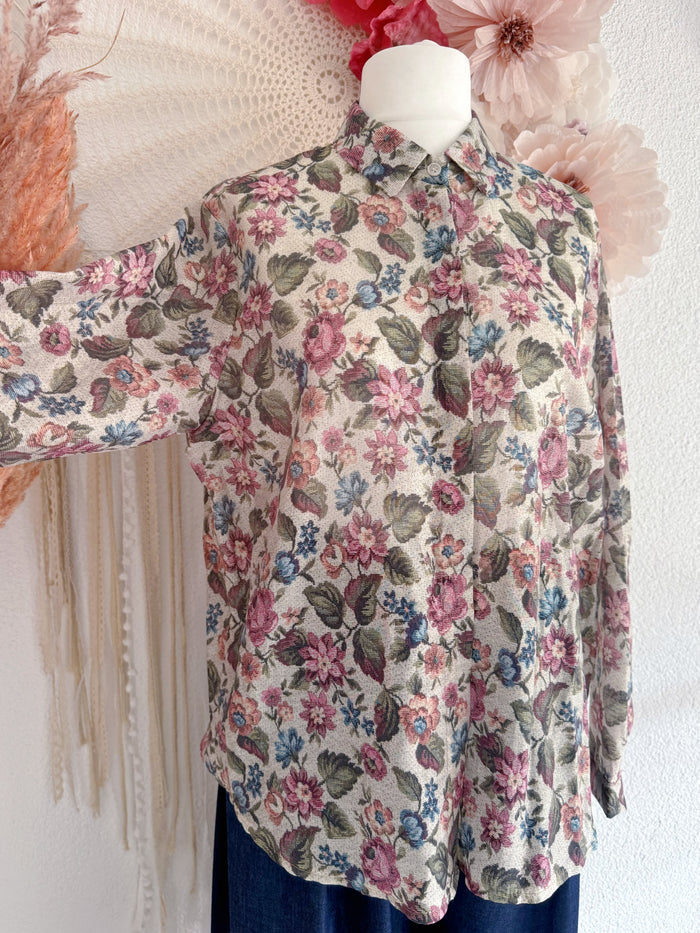 BLÜSCHEN MIT ROMANTISCHEM GOBELIN-BLUMENMUSTER - ONE SIZE -