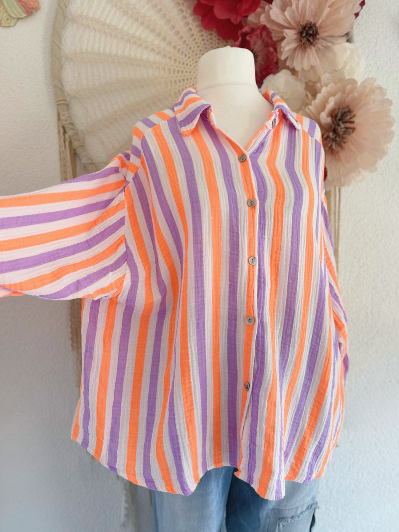 MUSSELINBLUSE MIT MIT STREIFEN IN LILA/ORANGE - ONE SIZE -
