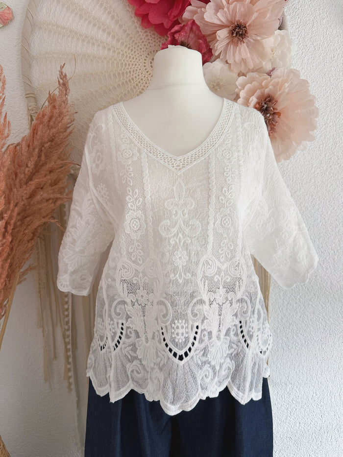 BOHO-SHIRT MIT EDLER STICKEREI - ONE SIZE -