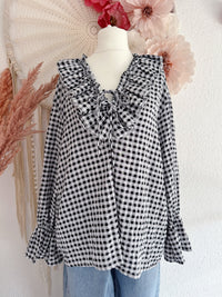 ROMANTISCHE GINGHAM-TUNIKA MIT RÜSCHEN IN SCHWARZ - ONE SIZE -