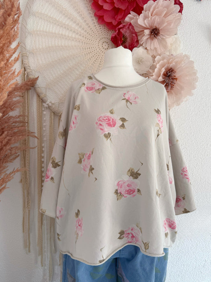 OVERSIZE SHIRT MIT ROSENPRINT IN BEIGE - ONE SIZE -