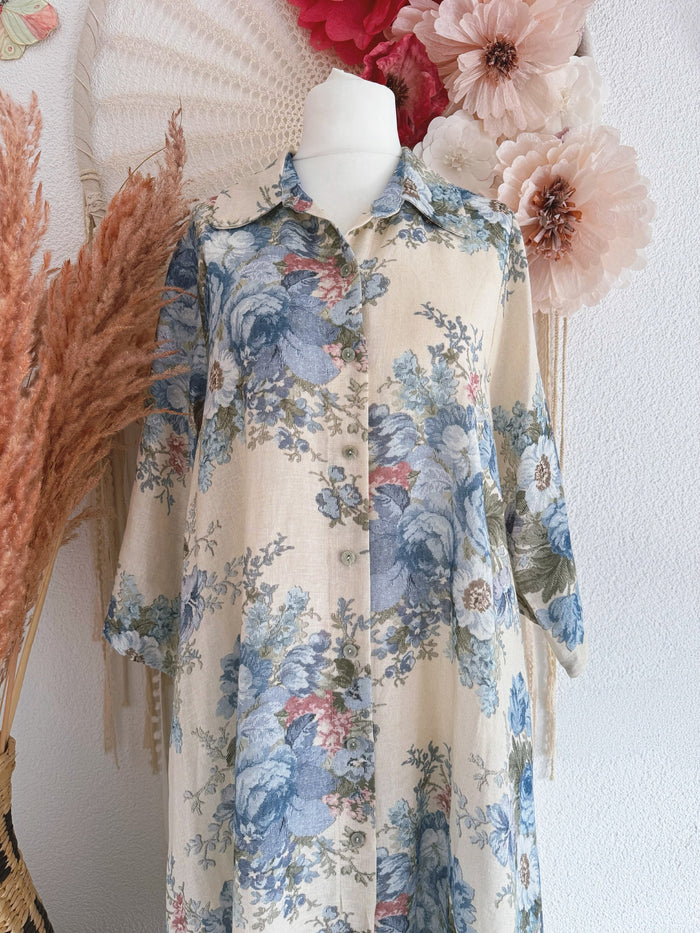 MAXI-BLUSENKLEID MIT GOBELINPRINT IM VINTAGESTIL IN BLAU - ONE SIZE -