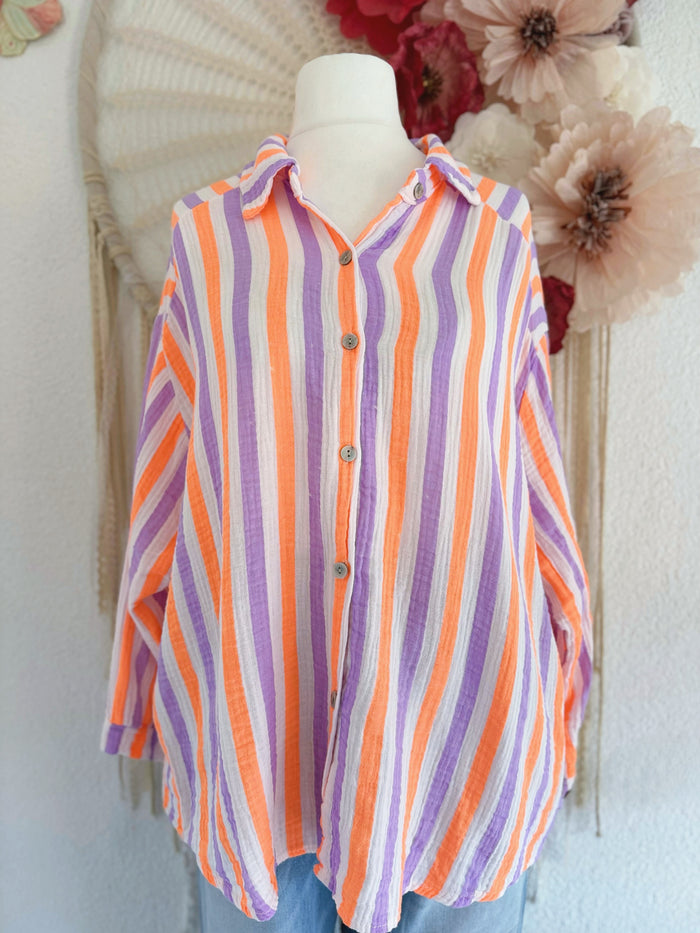 MUSSELINBLUSE MIT MIT STREIFEN IN LILA/ORANGE - ONE SIZE -