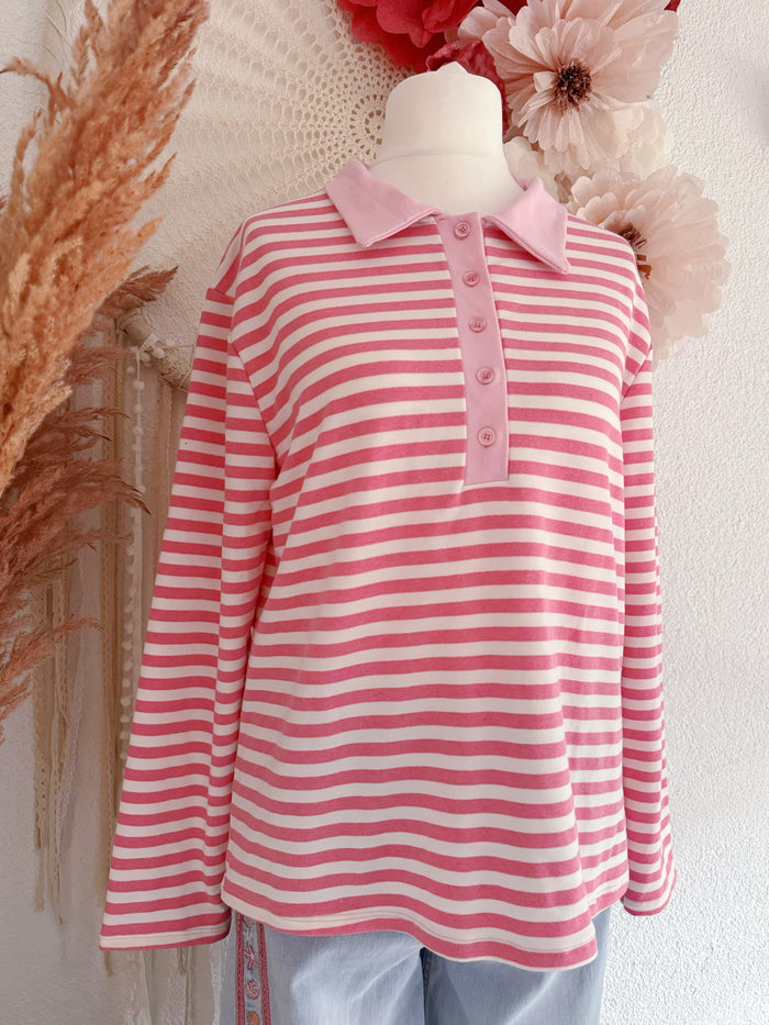 GESTREIFTES LANGARMSHIRT IN WEIß/ROSA MIT POLOKRAGEN - ONE SIZE -