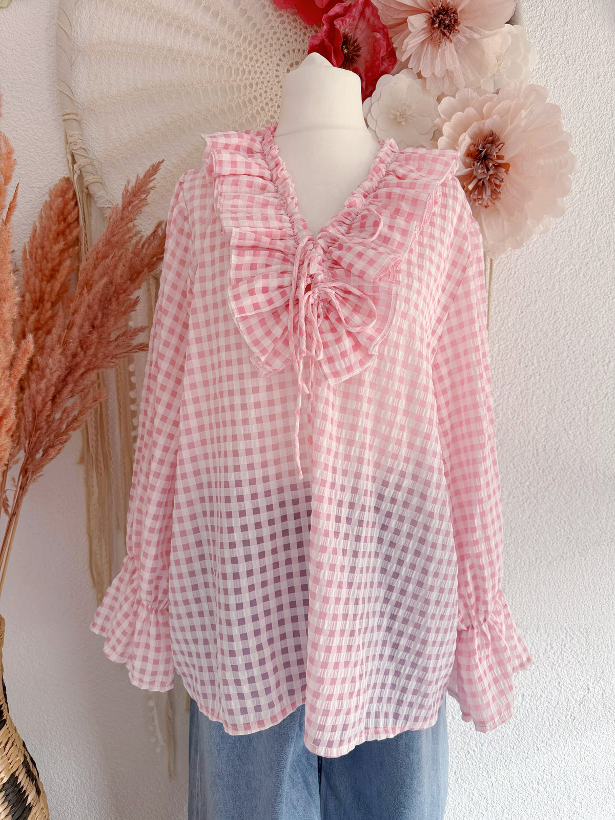 ROMANTISCHE GINGHAM-TUNIKA MIT RÜSCHEN IN PASTELLROSA - ONE SIZE -