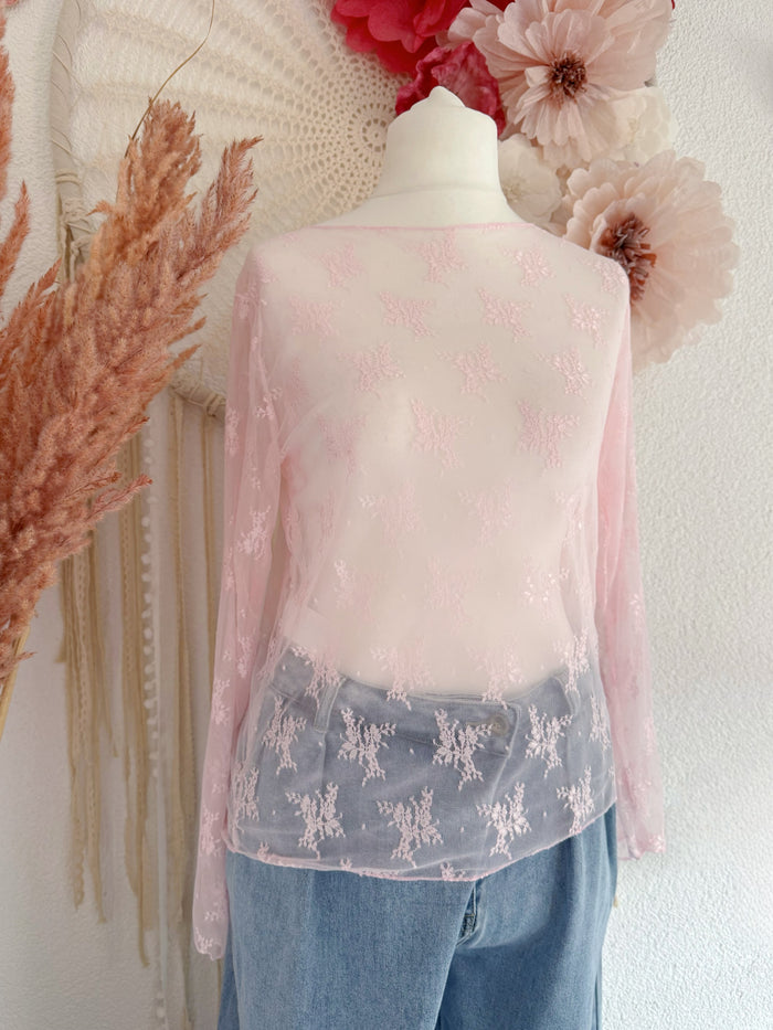 ZARTES SPITZEN-LANGARMSHIRT IN PASTELLROSA - ONE SIZE -
