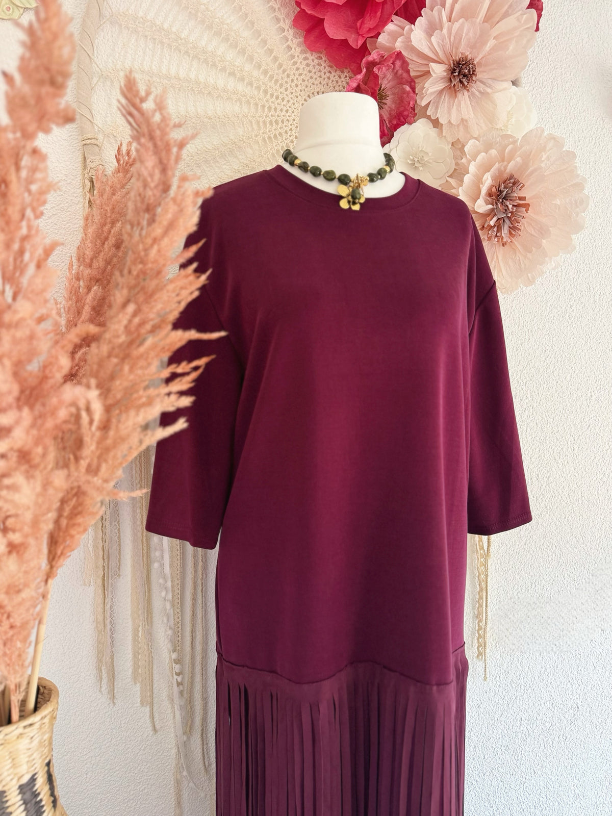 MAXIKLEID MIT FRANSEN IN BORDEAUX - ONE SIZE -
