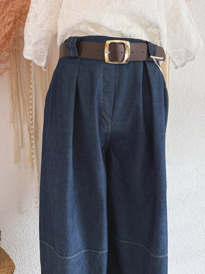 WIDE-LEG-HOSE IN DENIM-OPTIK & GÜRTEL - ONE SIZE -