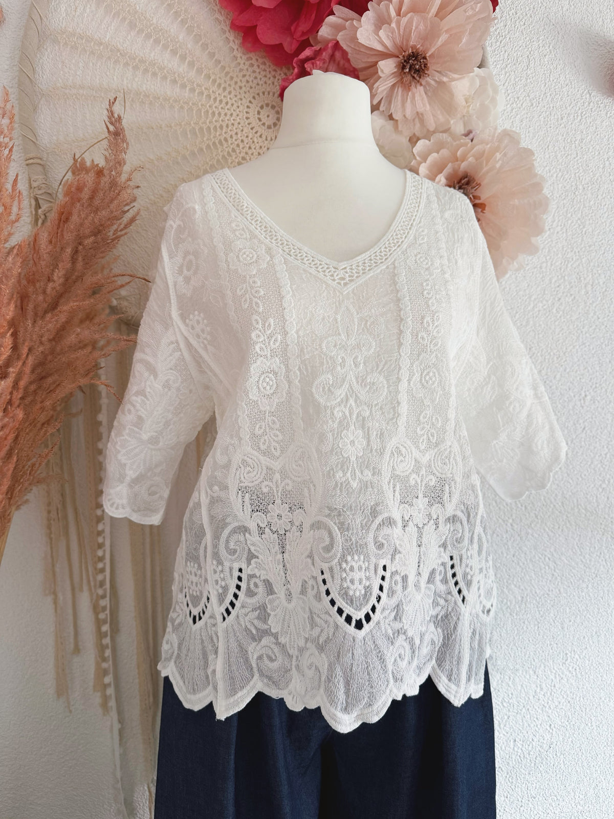 BOHO-SHIRT MIT EDLER STICKEREI - ONE SIZE -
