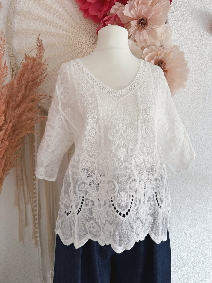 BOHO-SHIRT MIT EDLER STICKEREI - ONE SIZE -