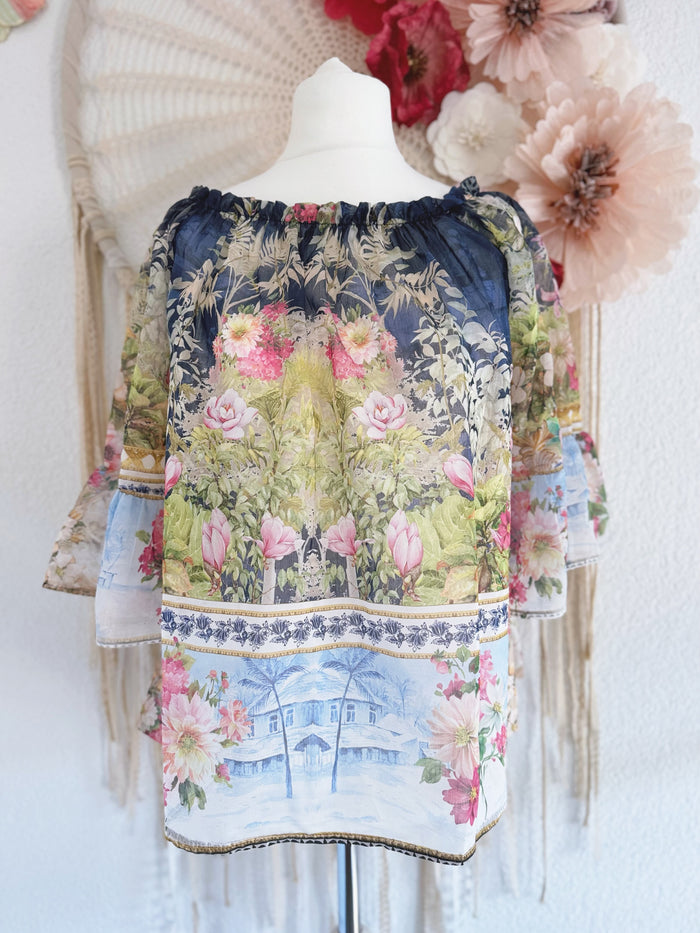 TUNIKA MIT BLÜTENPRINT IN DUNKELBLAU - ONE SIZE -