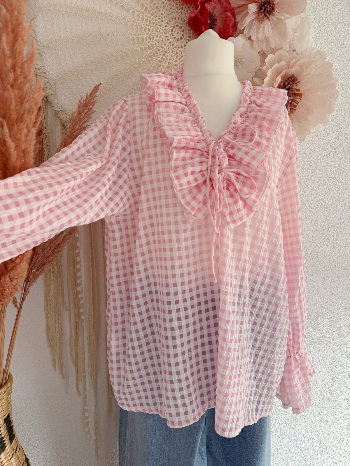 ROMANTISCHE GINGHAM-TUNIKA MIT RÜSCHEN IN PASTELLROSA - ONE SIZE -