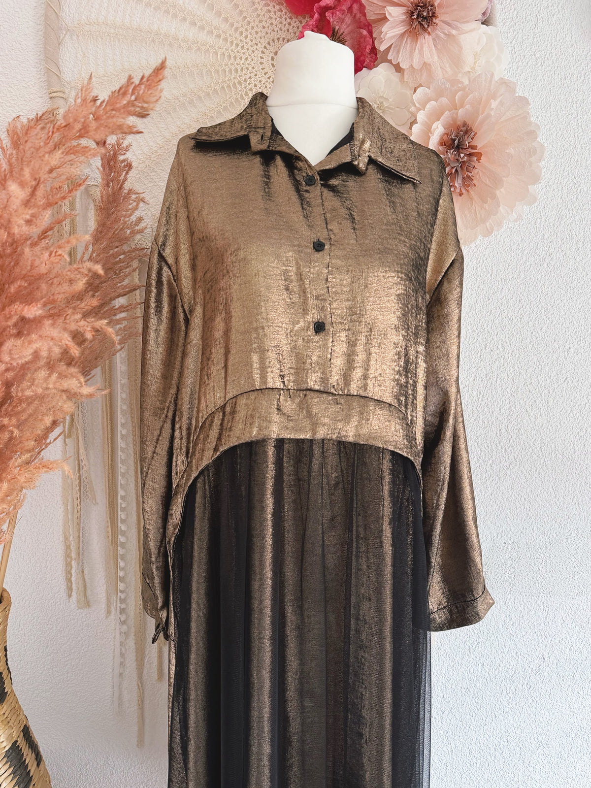 GLAMOURÖSES MIDIKLEID IN GOLD-METALLIC & TÜLL - ONE SIZE -