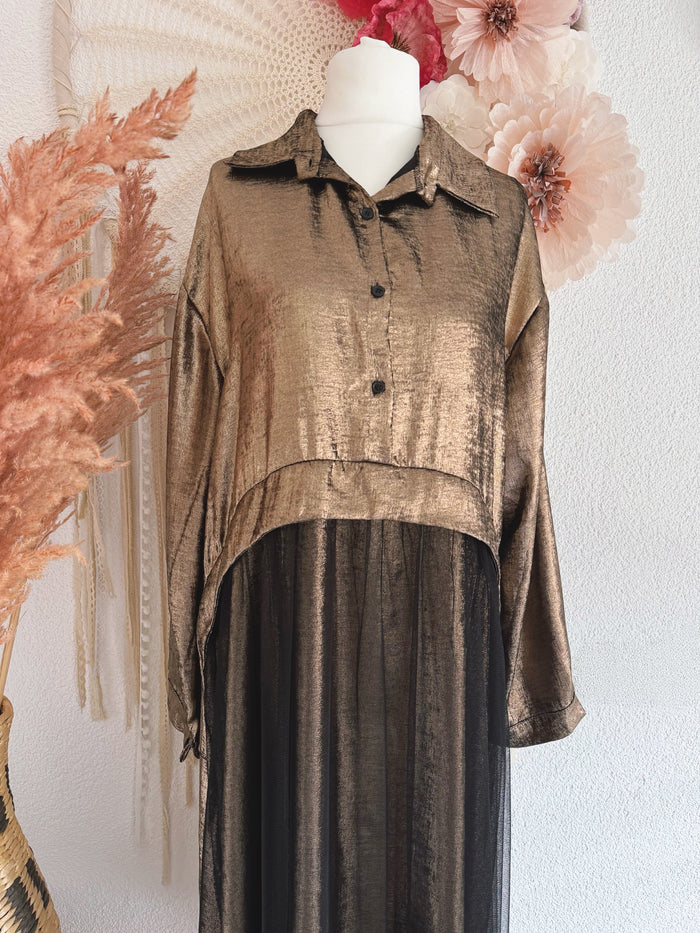 GLAMOURÖSES MIDIKLEID IN GOLD-METALLIC & TÜLL - ONE SIZE -