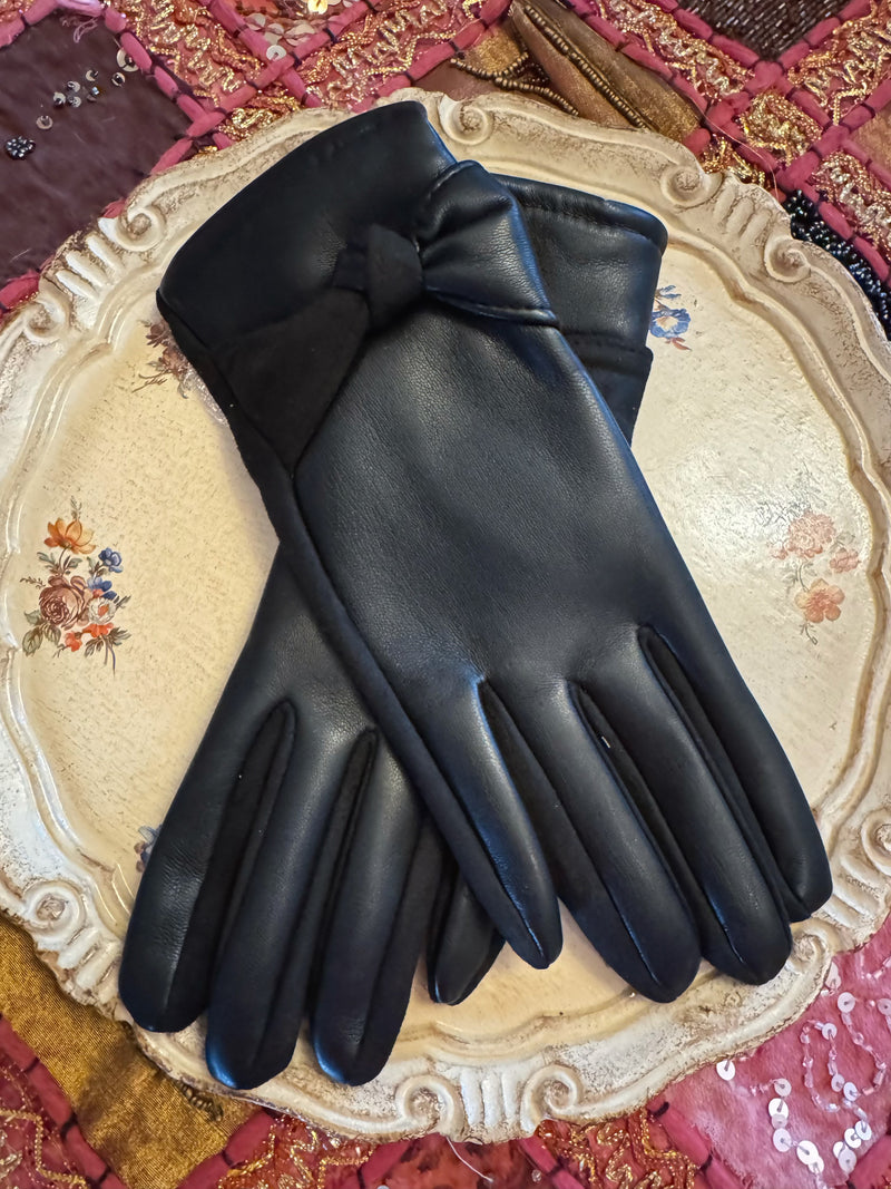 HANDSCHUHE MIT SCHLEIFE & KUNSTLEDER - SCHWARZ -