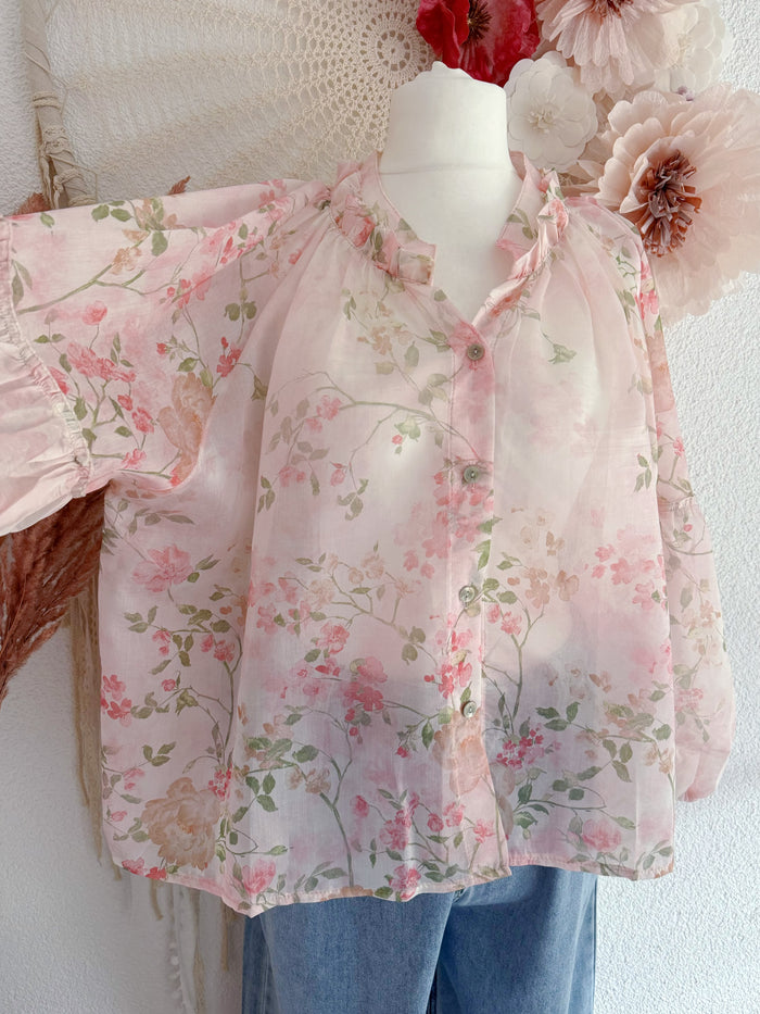 FLORALE CHIFFON-BLUSE MIT VOLANT-ÄRMEL - ONE SIZE -