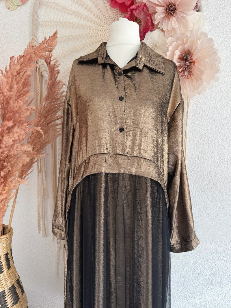 GLAMOURÖSES MIDIKLEID IN GOLD-METALLIC & TÜLL - ONE SIZE -