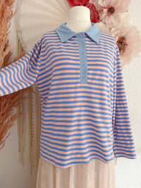 GESTREIFTES LANGARMSHIRT IN BLAU/ROSA MIT POLOKRAGEN - ONE SIZE -