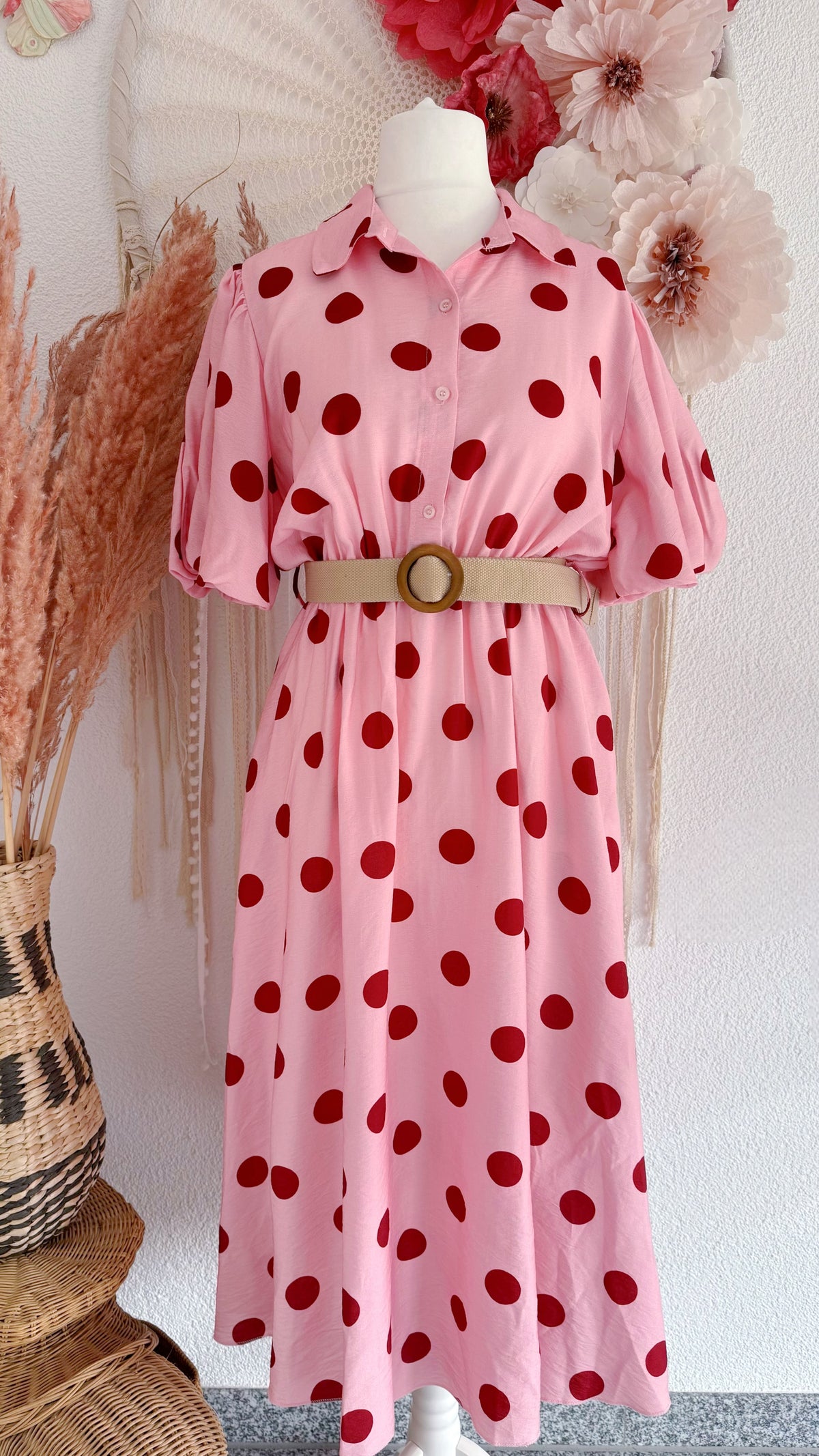 PÜNKTCHENKLEID MIT PUFFÄRMEL & GÜRTEL - ONE SIZE -