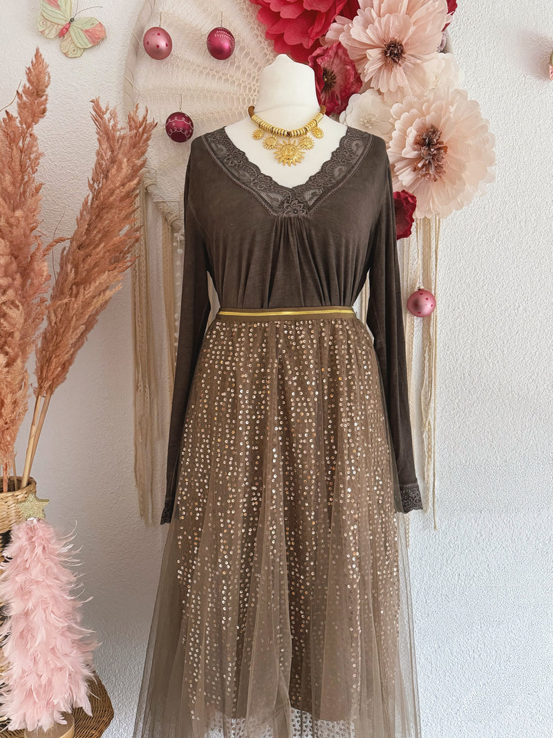 TÜLLROCK MIT PAILLETTEN IN BRAUN - ONE SIZE -