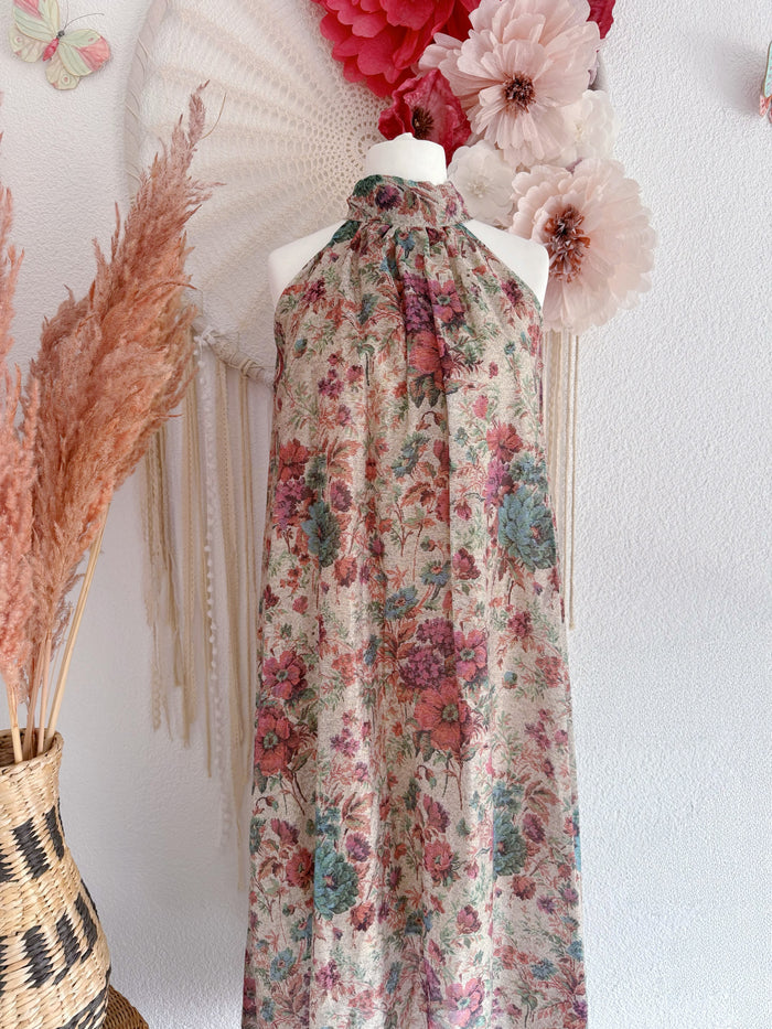 ROMANTISCHES MAXIKLEID MIT FLORALEM VINTAGE-PRINT UND NECKHOLDER MODELL A- ONE SIZE -