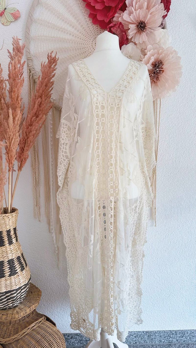 KAFTANKLEID IN CREME AUS SPITZE - ONE SIZE -