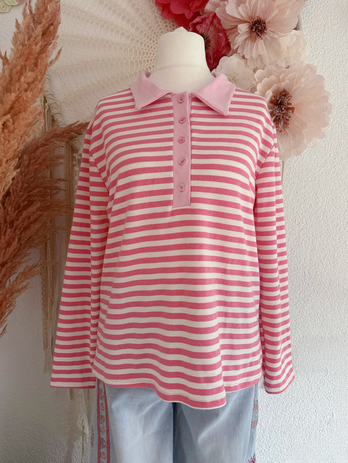 GESTREIFTES LANGARMSHIRT IN WEIß/ROSA MIT POLOKRAGEN - ONE SIZE -