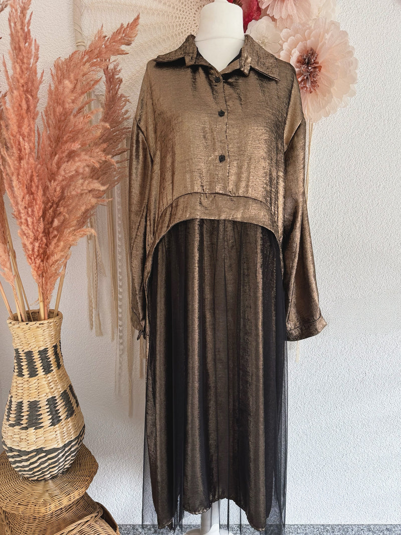 GLAMOURÖSES MIDIKLEID IN GOLD-METALLIC & TÜLL - ONE SIZE -