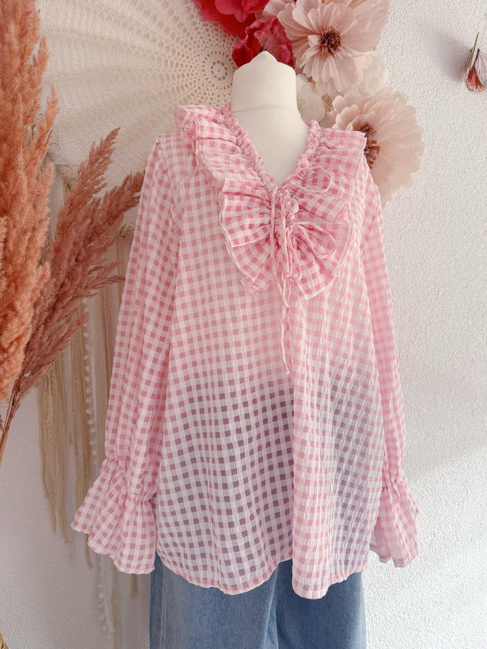 ROMANTISCHE GINGHAM-TUNIKA MIT RÜSCHEN IN PASTELLROSA - ONE SIZE -