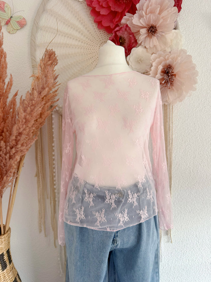 ZARTES SPITZEN-LANGARMSHIRT IN PASTELLROSA - ONE SIZE -