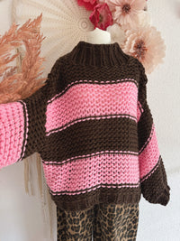 GROBSTRICKPULLOVER IN PINK & BRAUN - ONE SIZE -