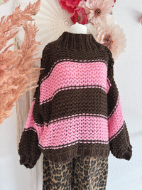 GROBSTRICKPULLOVER IN PINK & BRAUN - ONE SIZE -
