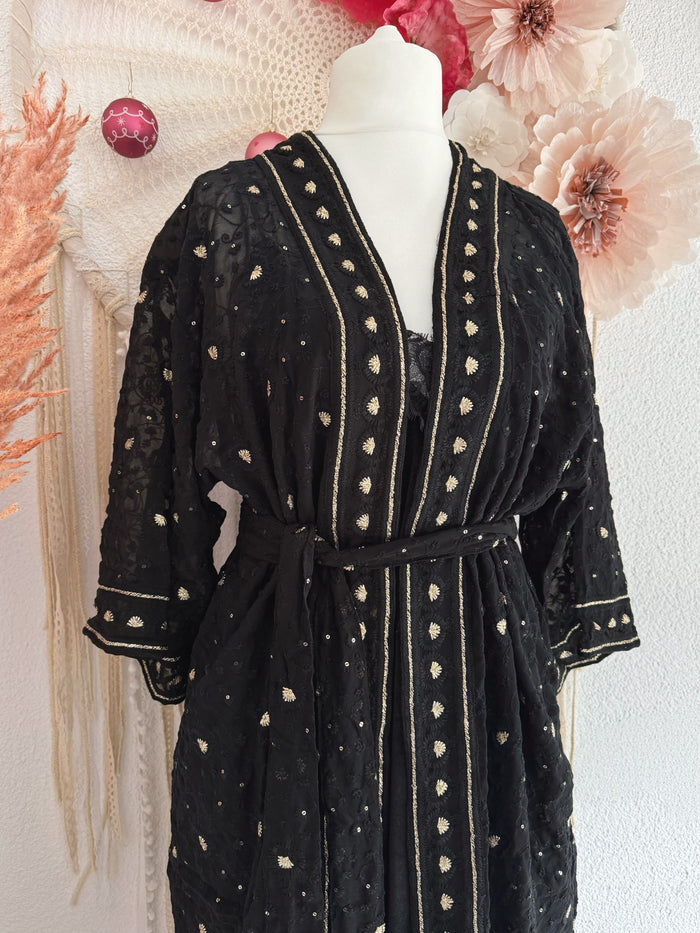 KIMONO IN MIDILÄNGE MIT GOLDENEN STICKEREIEN & PAILLETTEN - ONE SIZE -