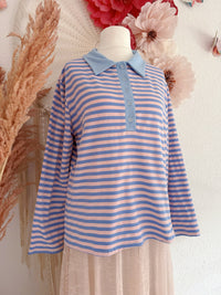 GESTREIFTES LANGARMSHIRT IN BLAU/ROSA MIT POLOKRAGEN - ONE SIZE -