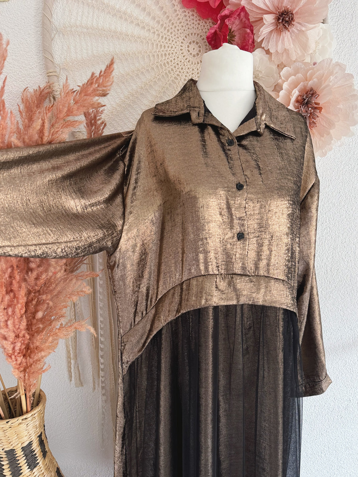 GLAMOURÖSES MIDIKLEID IN GOLD-METALLIC & TÜLL - ONE SIZE -