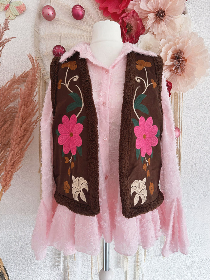 TEDDYWESTE MIT BLUMENSTICKEREIEN IN BRAUN - ONE SIZE -