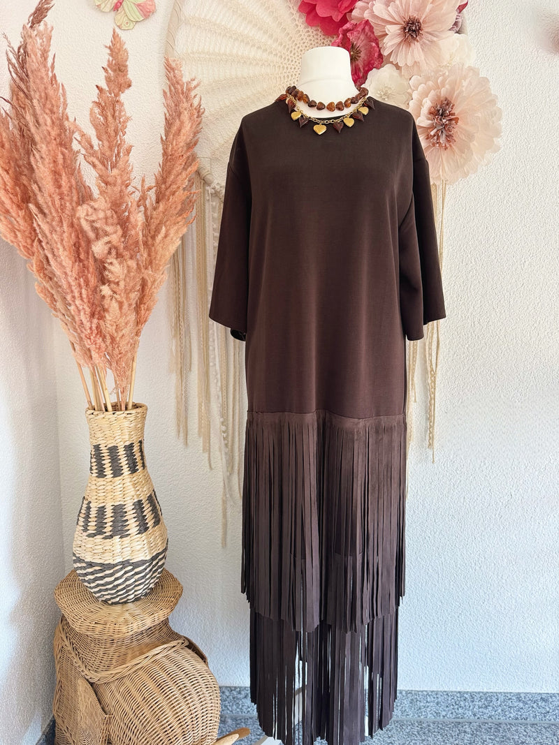 MAXIKLEID MIT FRANSEN IN BRAUN - ONE SIZE -
