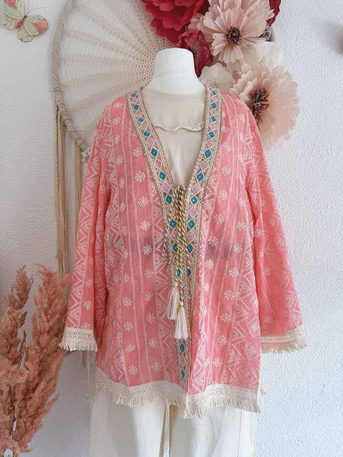 BOHOKIMONO MIT LOCHSPITZE IN ROSA - ONE SIZE -