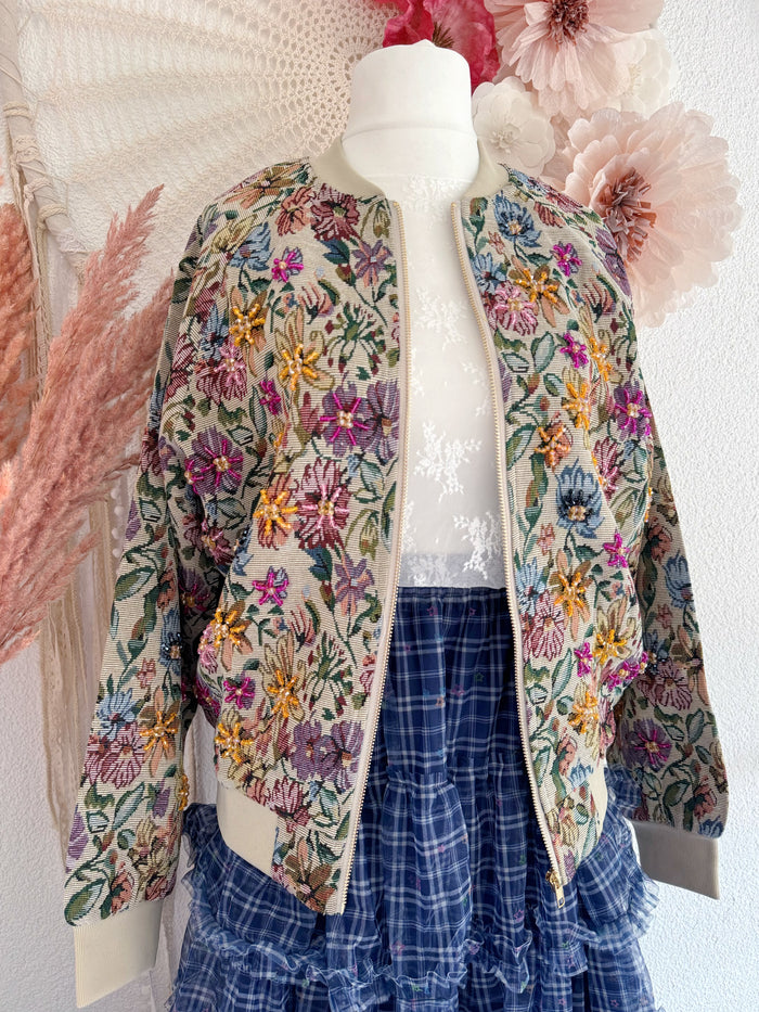 JACQUARD-BOMBERJACKE IM VINTAGESTIL MIT PERLENVERZIERUNGEN - VERSCH. GRÖßEN -