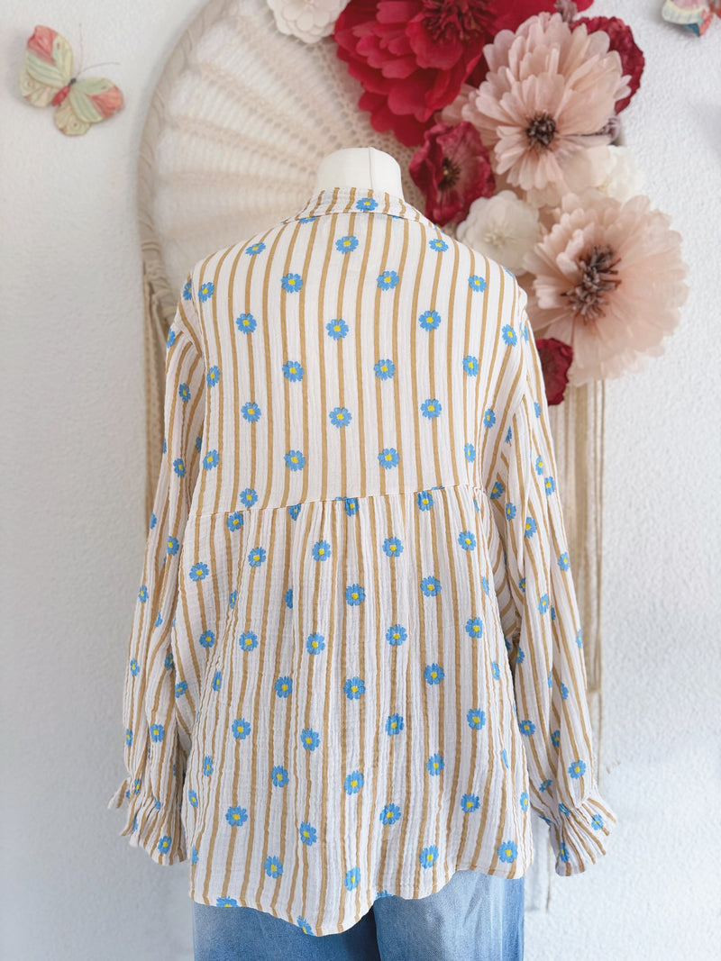 TUNIKA AUS MUSSELINSTOFF MIT BLÜMCHEN & STREIFEN IN CAMEL - ONE SIZE -