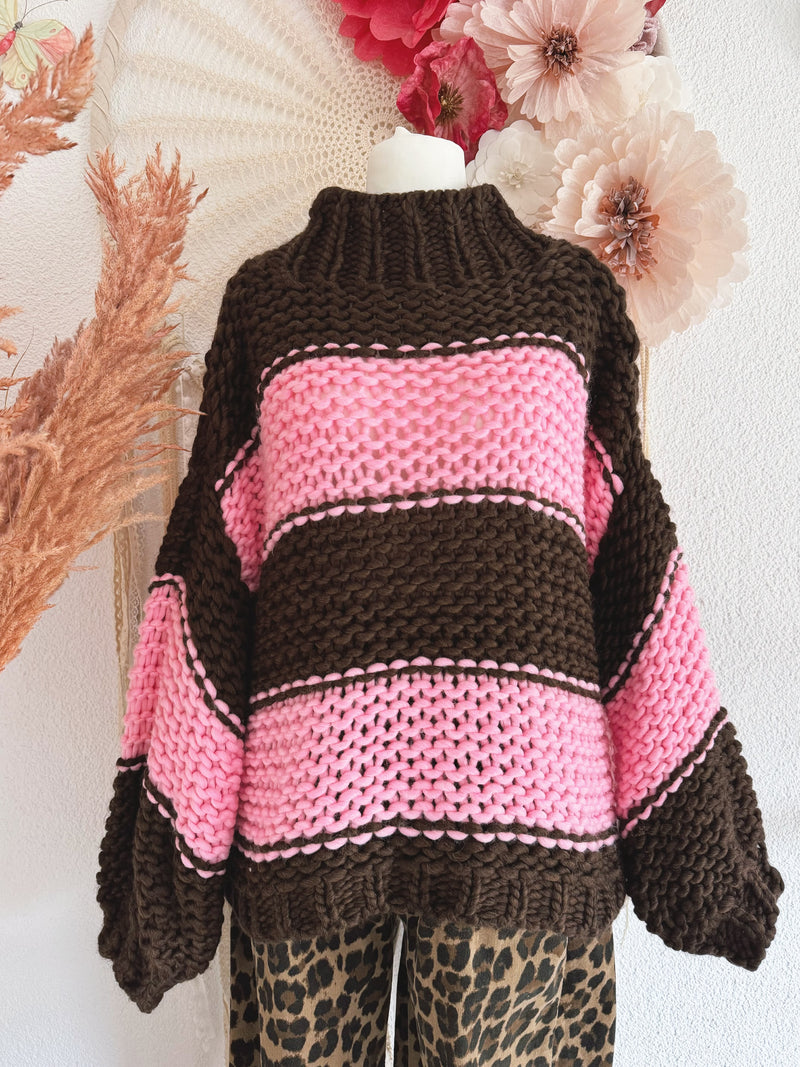 GROBSTRICKPULLOVER IN PINK & BRAUN - ONE SIZE -