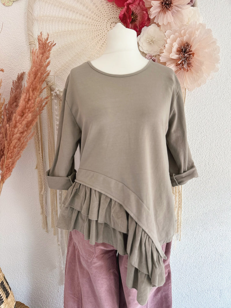 ASYMMETRISCHES LONGSLEEVE MIT VERSPIELTEM VOLANT-DETAIL IN GRAU - ONE SIZE