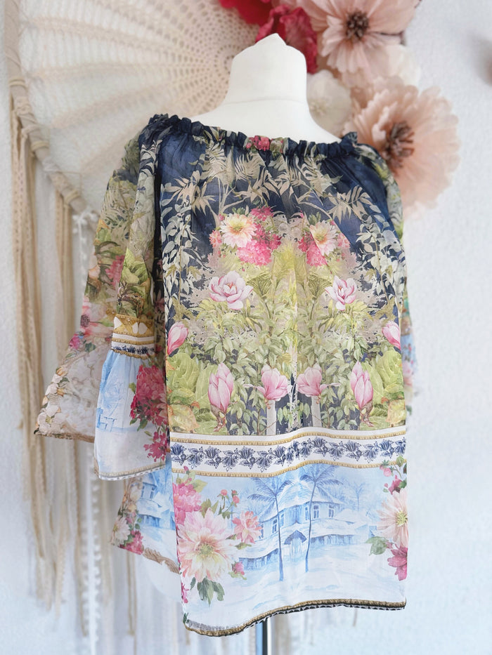 TUNIKA MIT BLÜTENPRINT IN DUNKELBLAU - ONE SIZE -